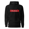 black bendicion unisex hoodie displayed on a white background with bold red bendición text across the chest and smaller white script layered over the center of the design designed by iron and velvet 62