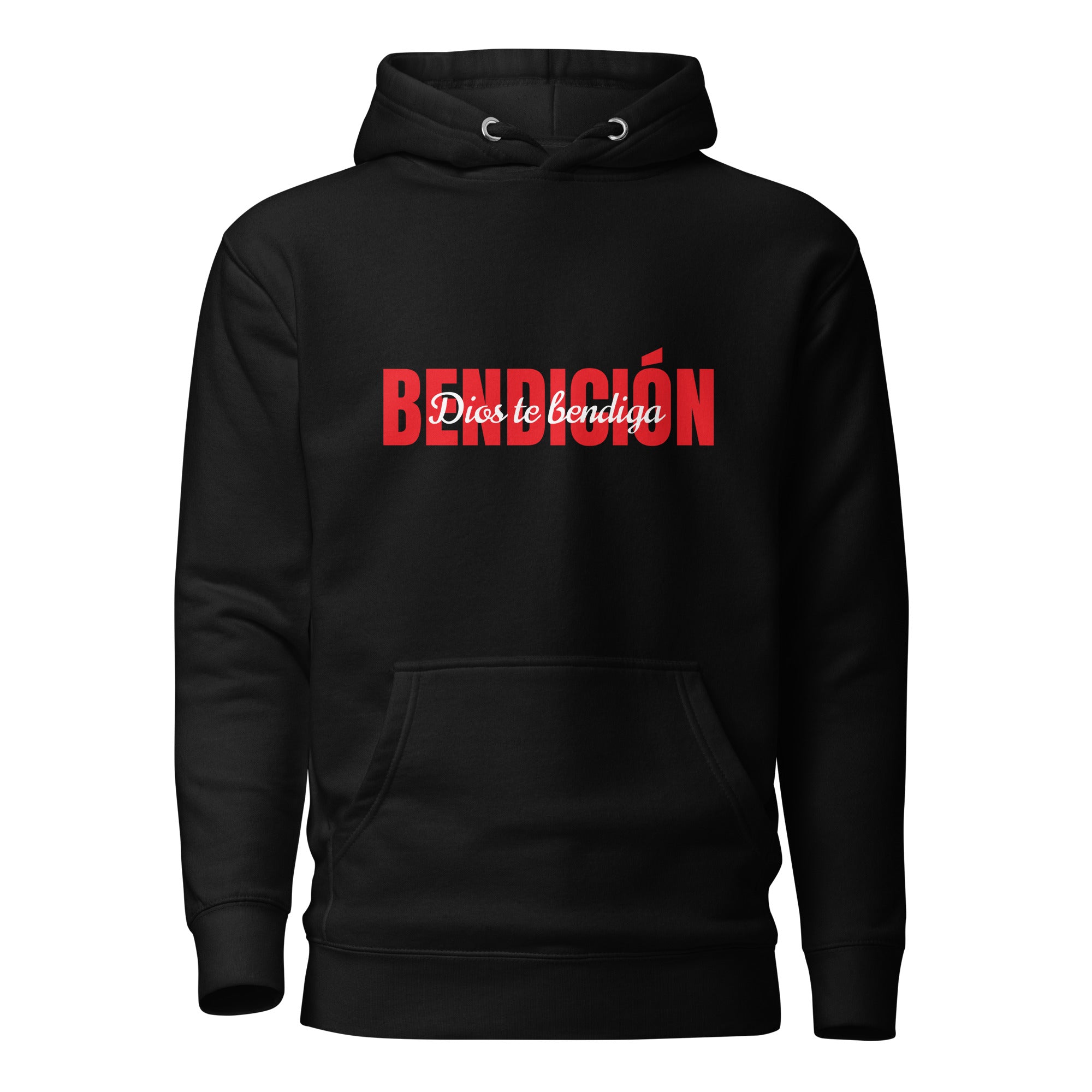 black bendicion unisex hoodie displayed on a white background with bold red bendición text across the chest and smaller white script layered over the center of the design designed by iron and velvet 62