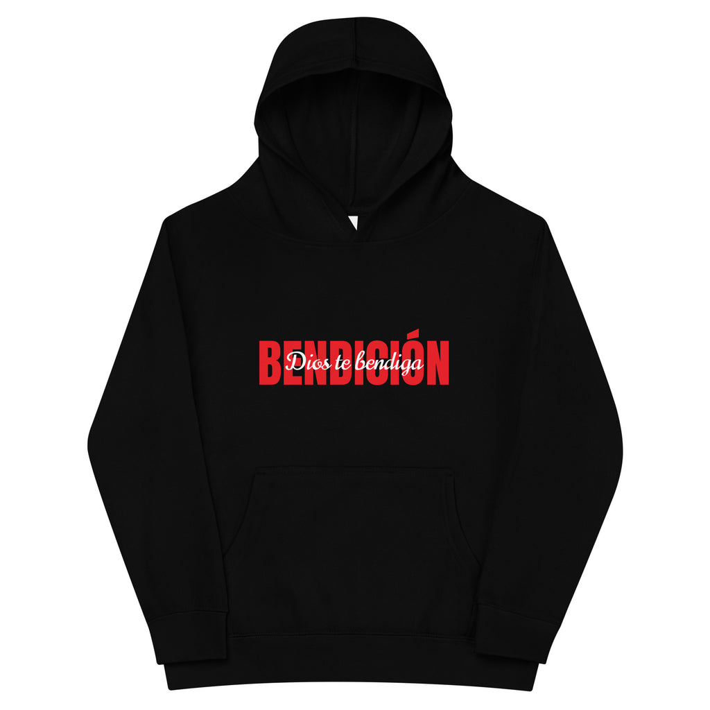 black bendicion kids hoodie displayed on a white background with bold red bendición text across the chest and smaller white script layered over the center of the design designed by iron and velvet 62