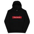 black bendicion kids hoodie displayed on a white background with bold red bendición text across the chest and smaller white script layered over the center of the design designed by iron and velvet 62