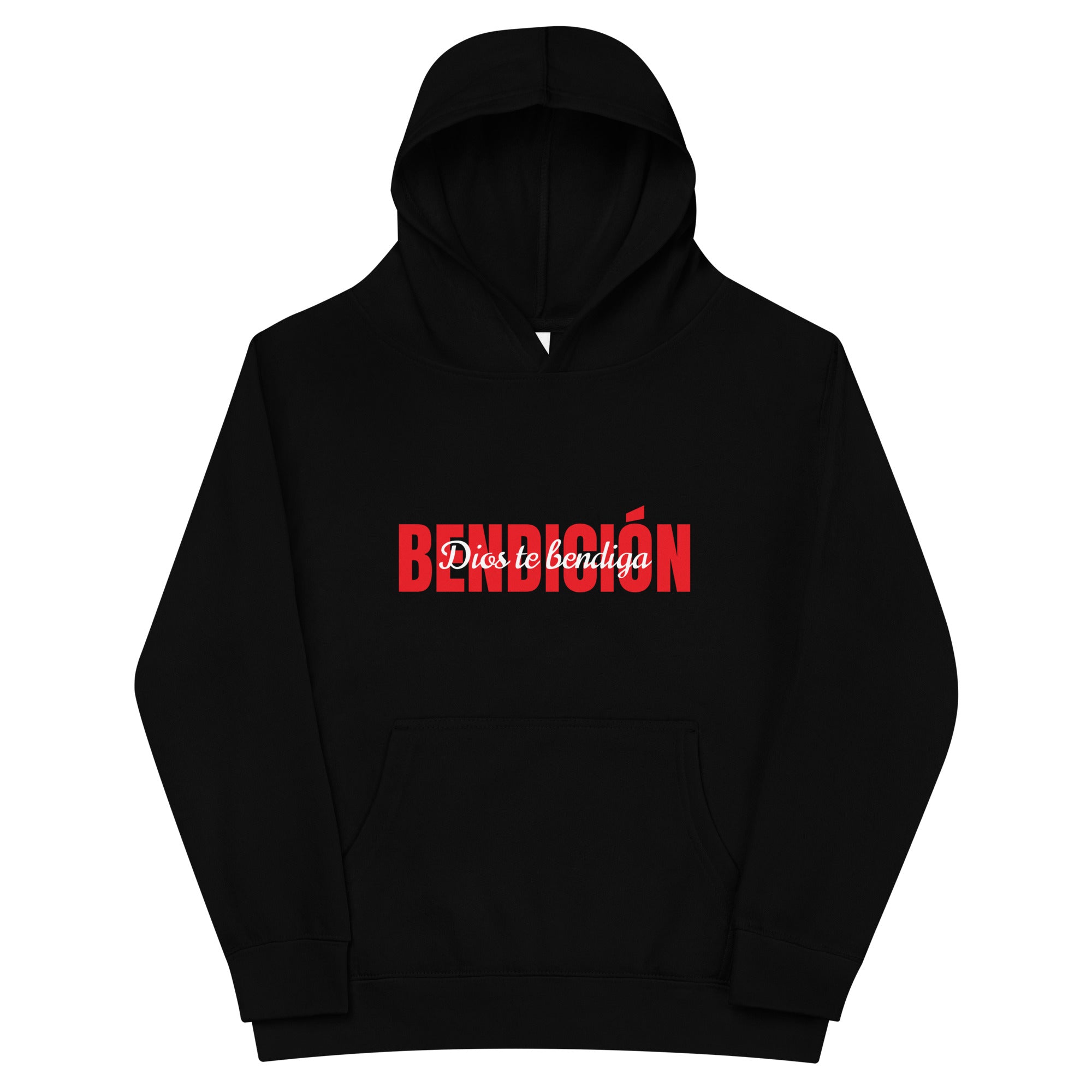 black bendicion kids hoodie displayed on a white background with bold red bendición text across the chest and smaller white script layered over the center of the design designed by iron and velvet 62