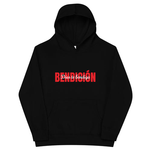 black bendicion kids hoodie displayed on a white background with bold red bendición text across the chest and smaller white script layered over the center of the design designed by iron and velvet 62