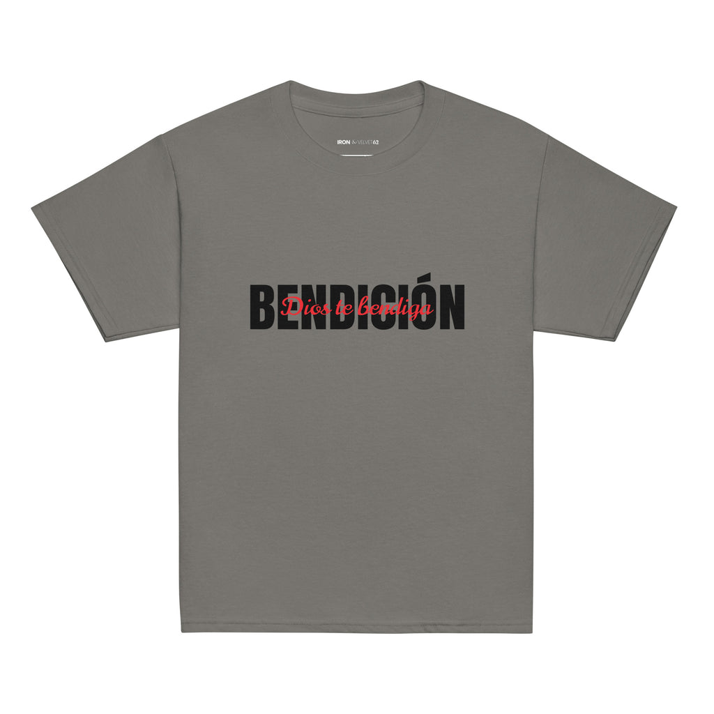 gray bendicion kids tshirt displayed on a white background with bold black bendición text across the chest and smaller red script layered over the center of the design designed by iron and velvet 62