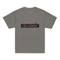 gray bendicion kids tshirt displayed on a white background with bold black bendición text across the chest and smaller red script layered over the center of the design designed by iron and velvet 62