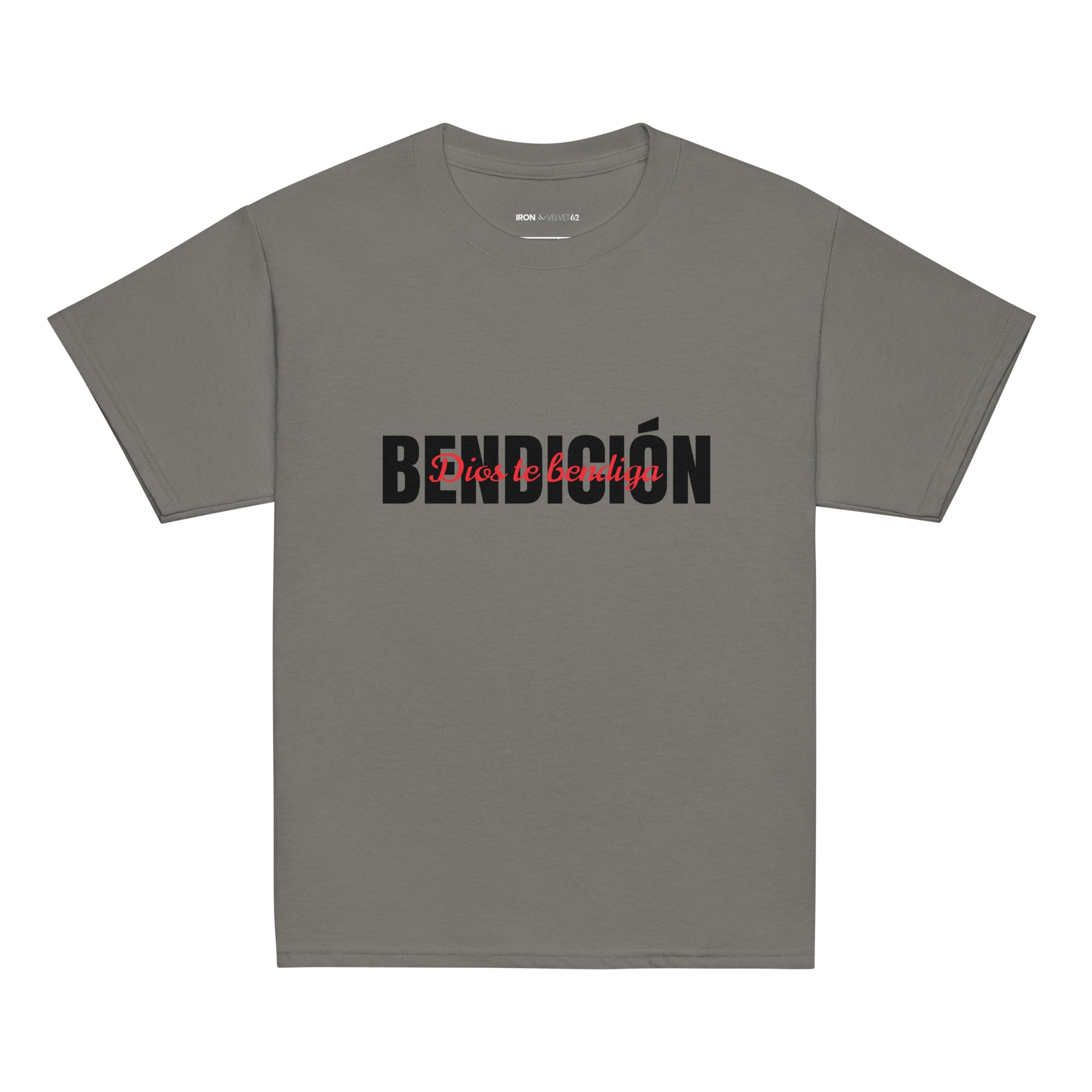 gray bendicion kids tshirt displayed on a white background with bold black bendición text across the chest and smaller red script layered over the center of the design designed by iron and velvet 62