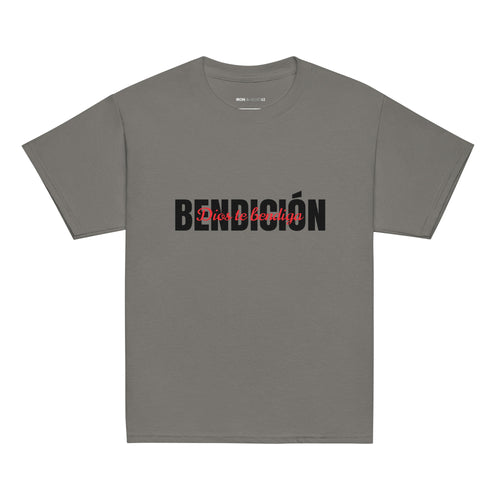 gray bendicion kids tshirt displayed on a white background with bold black bendición text across the chest and smaller red script layered over the center of the design designed by iron and velvet 62