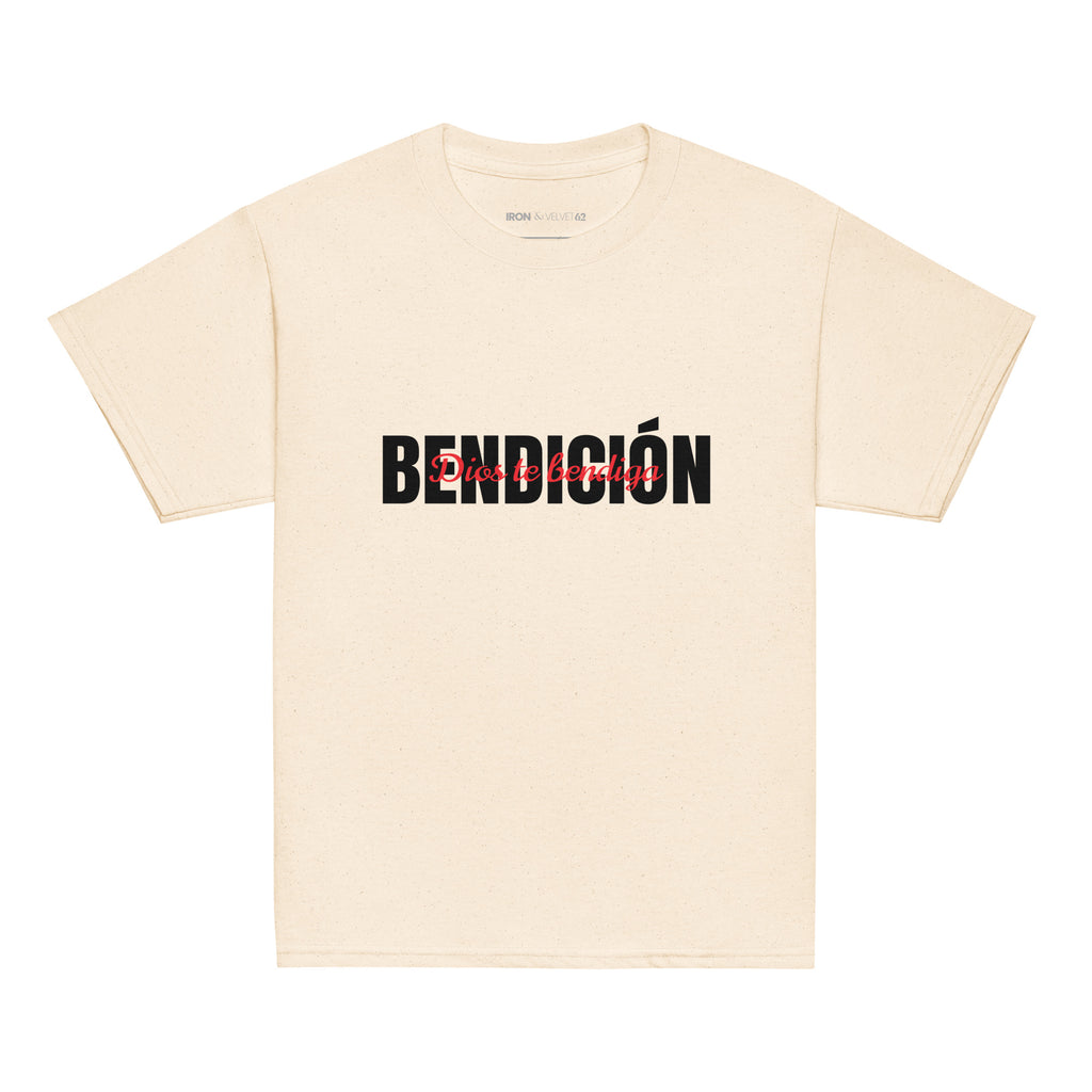 natural color bendicion kids tshirt displayed on a white background with bold black bendición text across the chest and smaller red script layered over the center of the design designed by iron and velvet 62