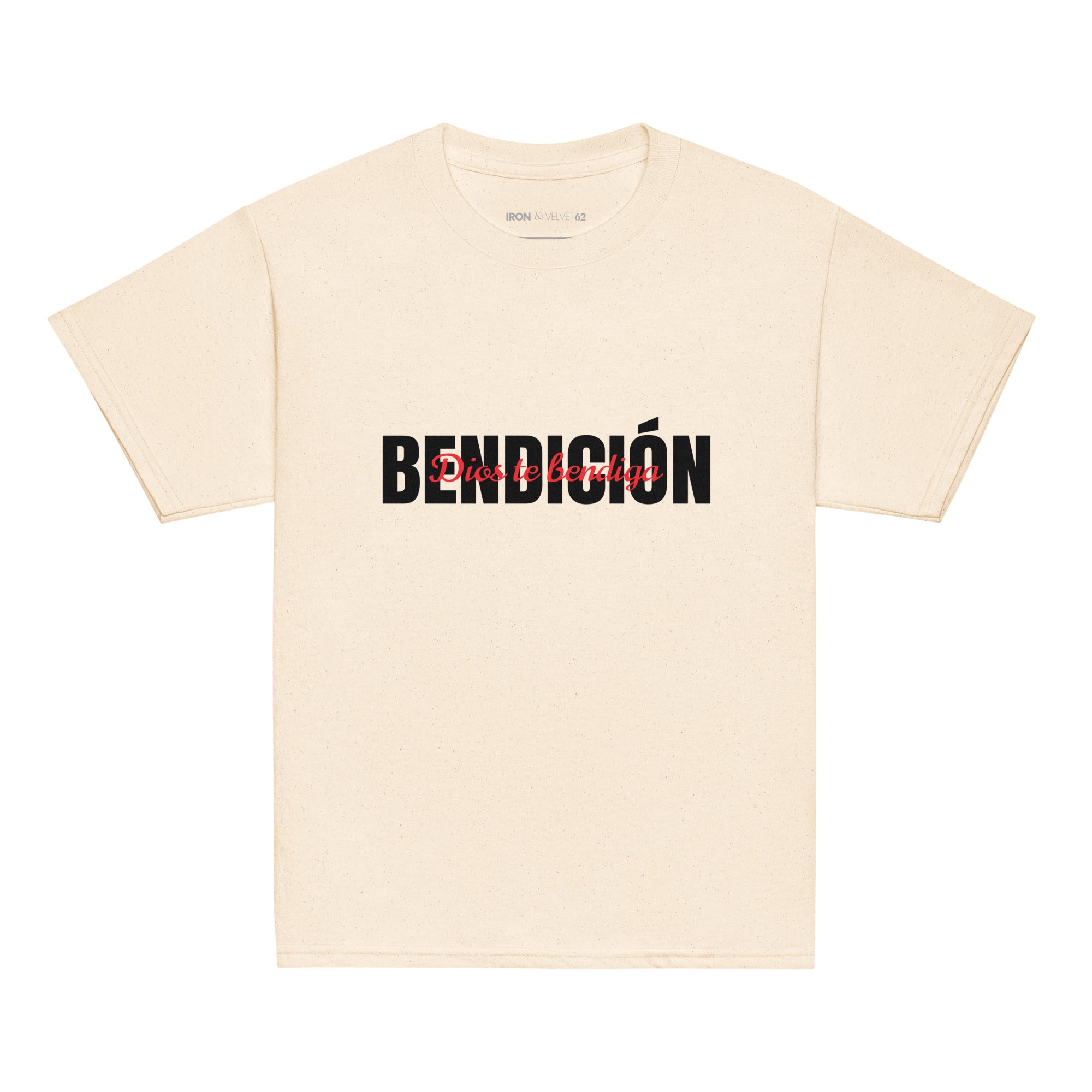 natural color bendicion kids tshirt displayed on a white background with bold black bendición text across the chest and smaller red script layered over the center of the design designed by iron and velvet 62