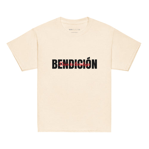 natural color bendicion kids tshirt displayed on a white background with bold black bendición text across the chest and smaller red script layered over the center of the design designed by iron and velvet 62