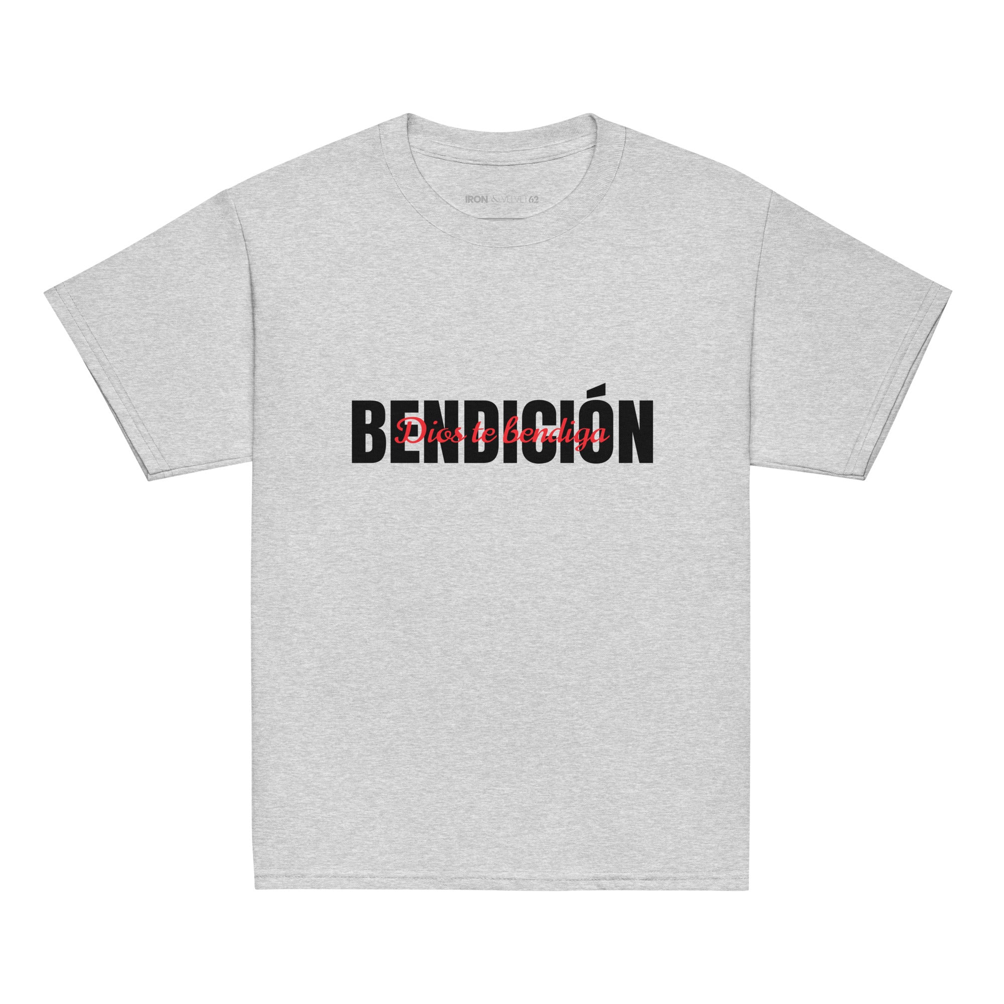 sports gray color bendicion kids tshirt displayed on a white background with bold black bendición text across the chest and smaller red script layered over the center of the design designed by iron and velvet 62