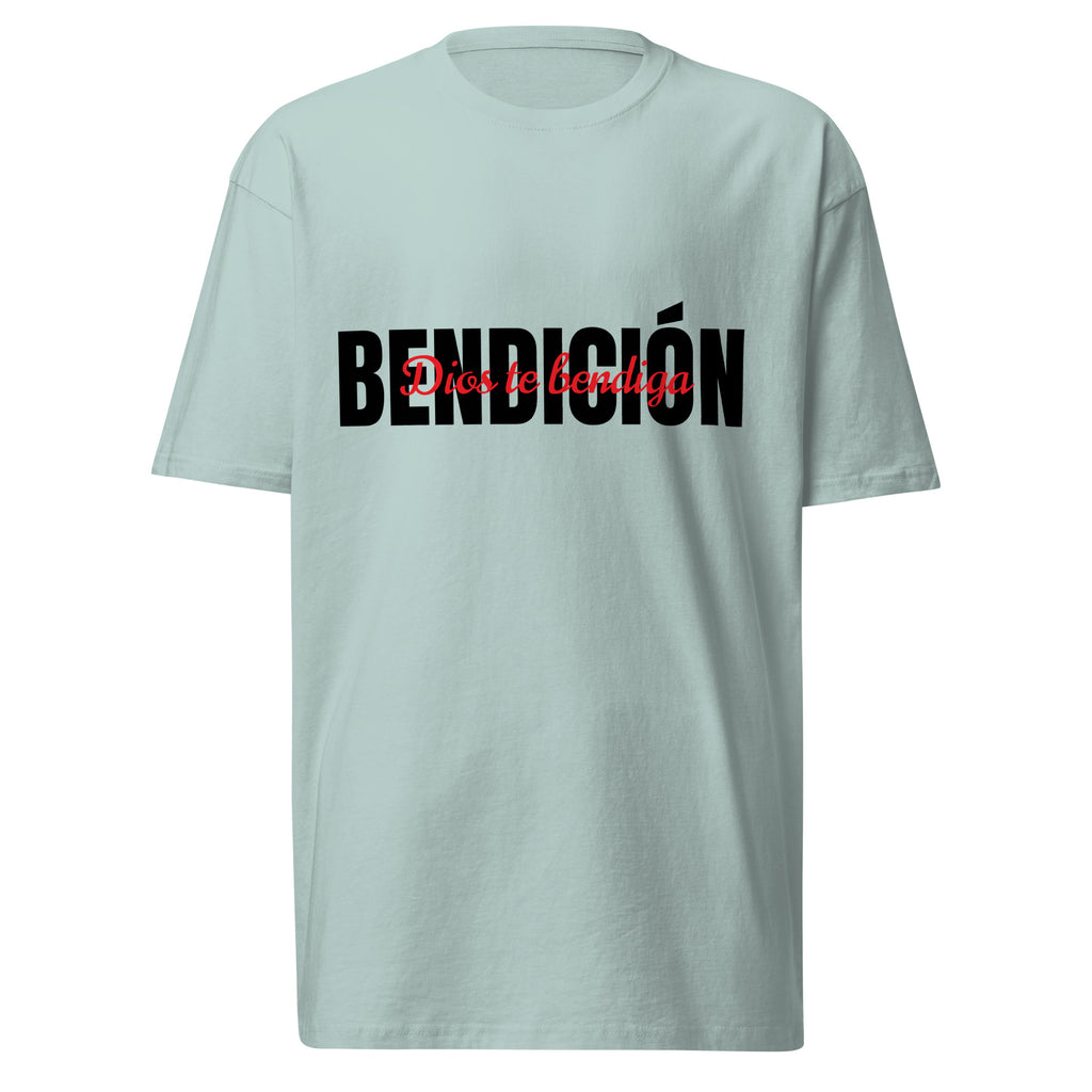 blue bendicion mens tshirt displayed on a white background with bold black bendición text across the chest and smaller red script layered over the center of the design designed by iron and velvet 62