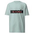 blue bendicion mens tshirt displayed on a white background with bold black bendición text across the chest and smaller red script layered over the center of the design designed by iron and velvet 62