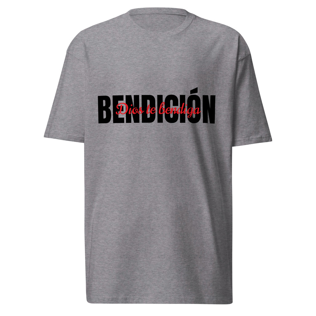 gray bendicion mens tshirt displayed on a white background with bold black bendición text across the chest and smaller red script layered over the center of the design designed by iron and velvet 62