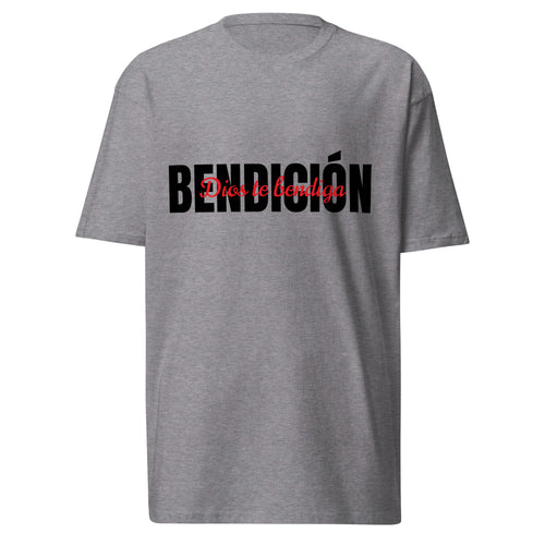gray bendicion mens tshirt displayed on a white background with bold black bendición text across the chest and smaller red script layered over the center of the design designed by iron and velvet 62