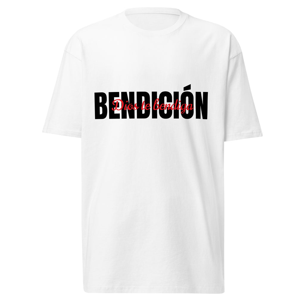 white bendicion mens tshirt displayed on a white background with bold black bendición text across the chest and smaller red script layered over the center of the design designed by iron and velvet 62