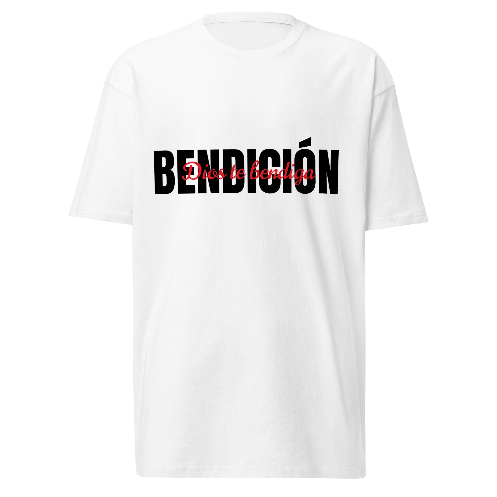 white bendicion mens tshirt displayed on a white background with bold black bendición text across the chest and smaller red script layered over the center of the design designed by iron and velvet 62