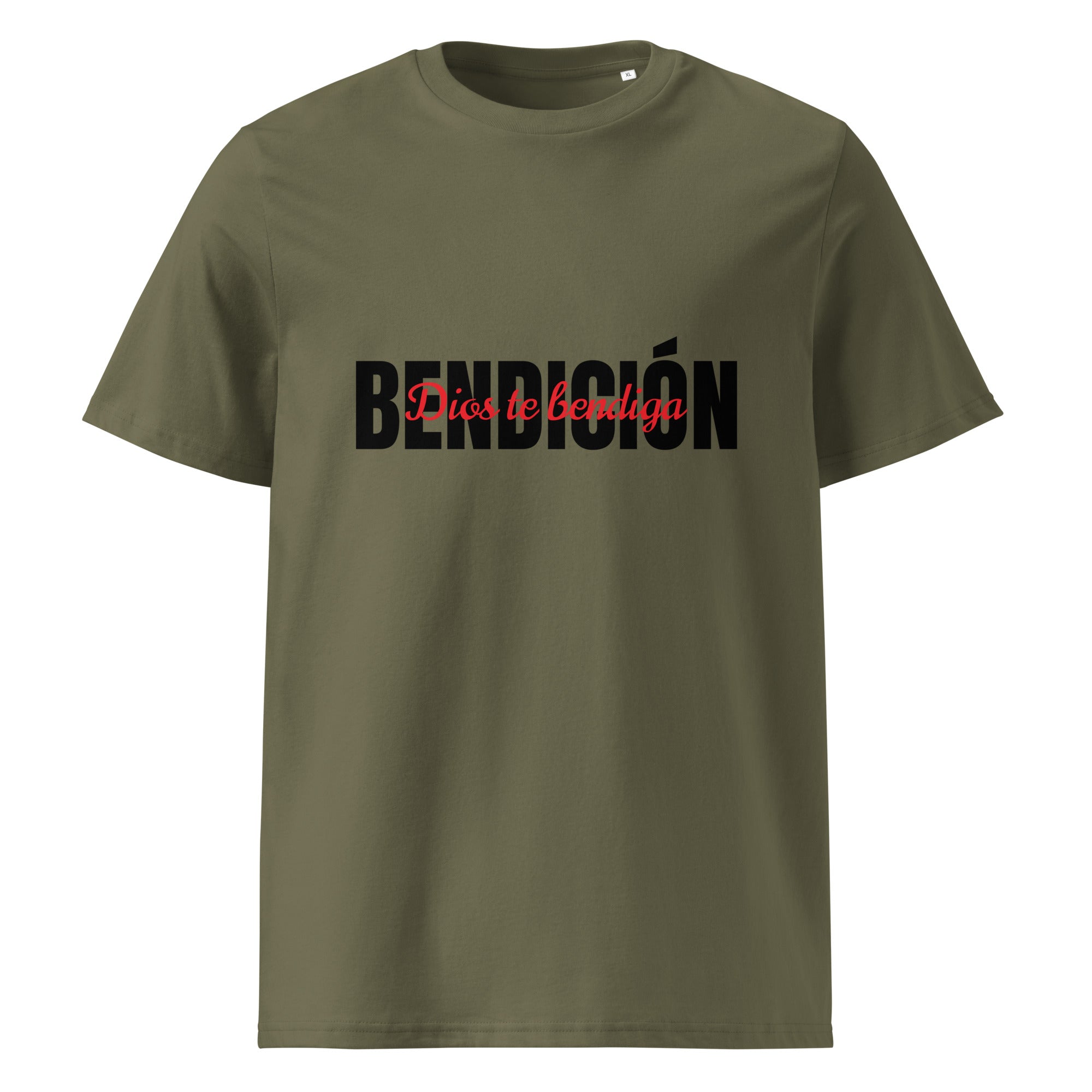 green bendicion womens tshirt displayed on a white background with bold black bendición text across the chest and smaller red script layered over the center of the design designed by iron and velvet 62
