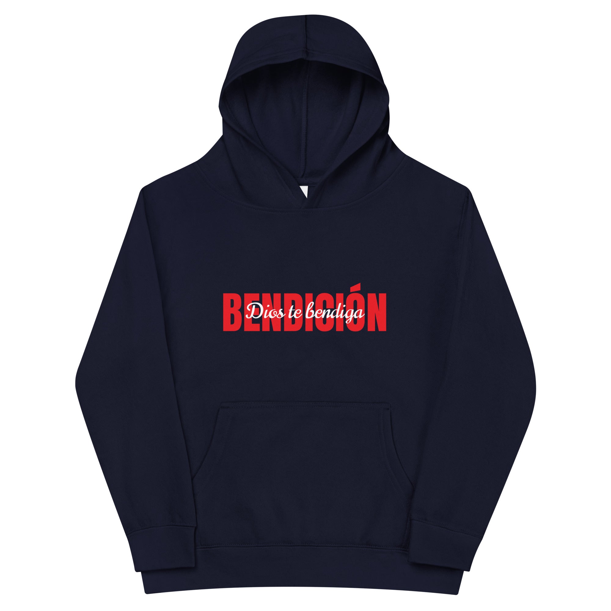 navy bendicion kids hoodie displayed on a white background with bold red bendición text across the chest and smaller white script layered over the center of the design designed by iron and velvet 62
