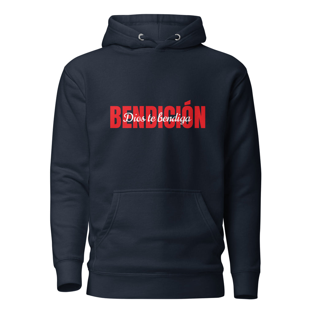 navy bendicion unisex hoodie displayed on a white background with bold red bendición text across the chest and smaller white script layered over the center of the design designed by iron and velvet 62