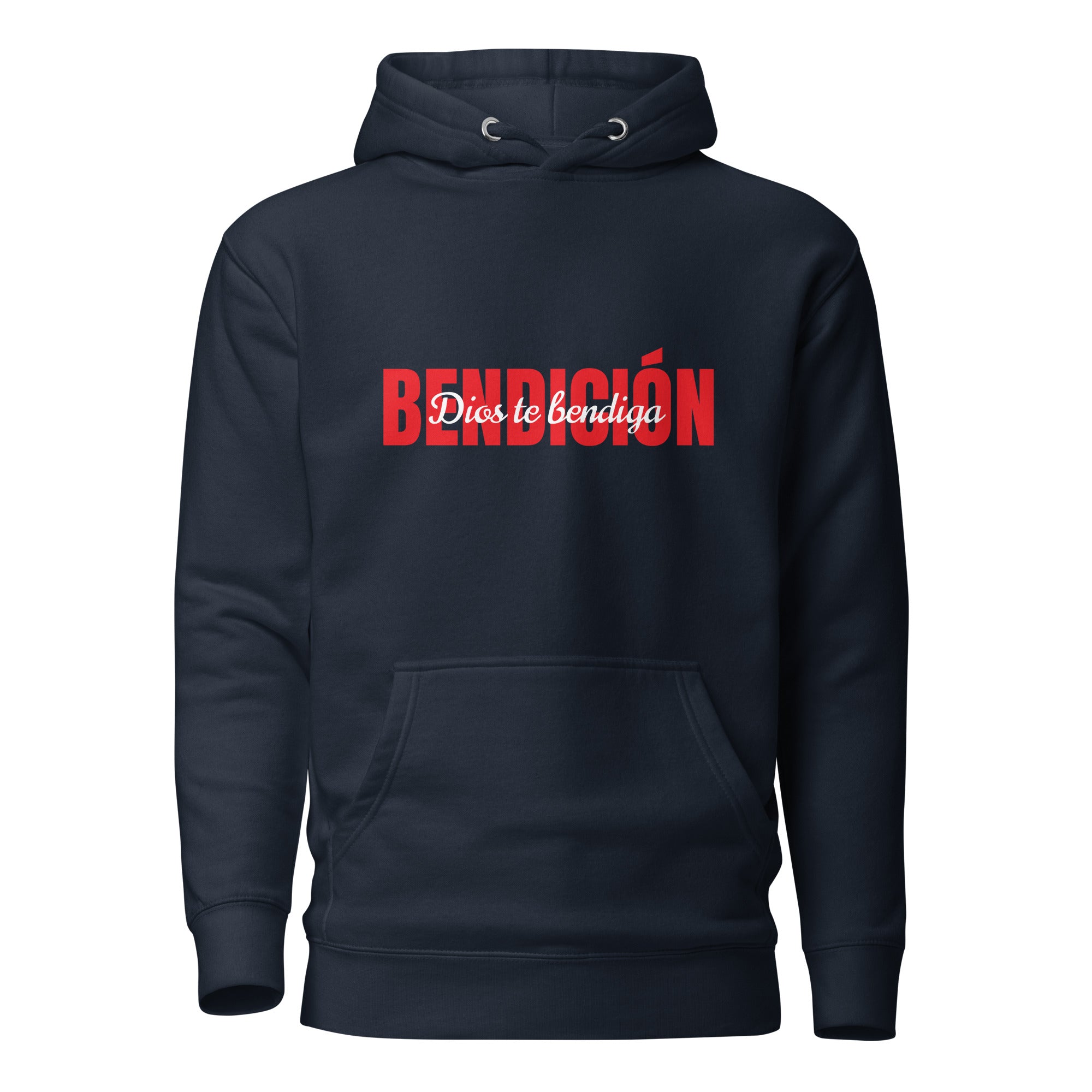 navy bendicion unisex hoodie displayed on a white background with bold red bendición text across the chest and smaller white script layered over the center of the design designed by iron and velvet 62