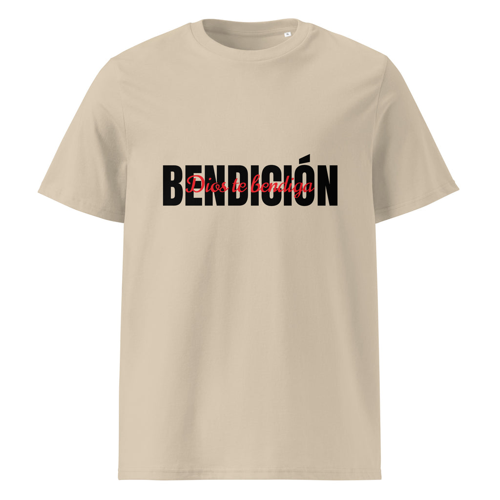 desert dust color womens bendicion  tshirt displayed on a white background with bold black bendición text across the chest and smaller red script layered over the center of the design designed by iron and velvet 62