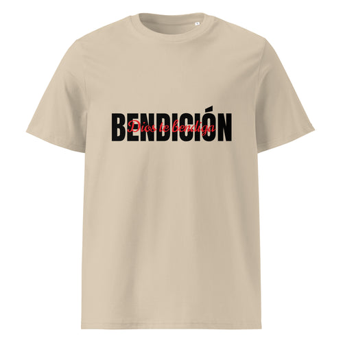 desert dust color womens bendicion  tshirt displayed on a white background with bold black bendición text across the chest and smaller red script layered over the center of the design designed by iron and velvet 62
