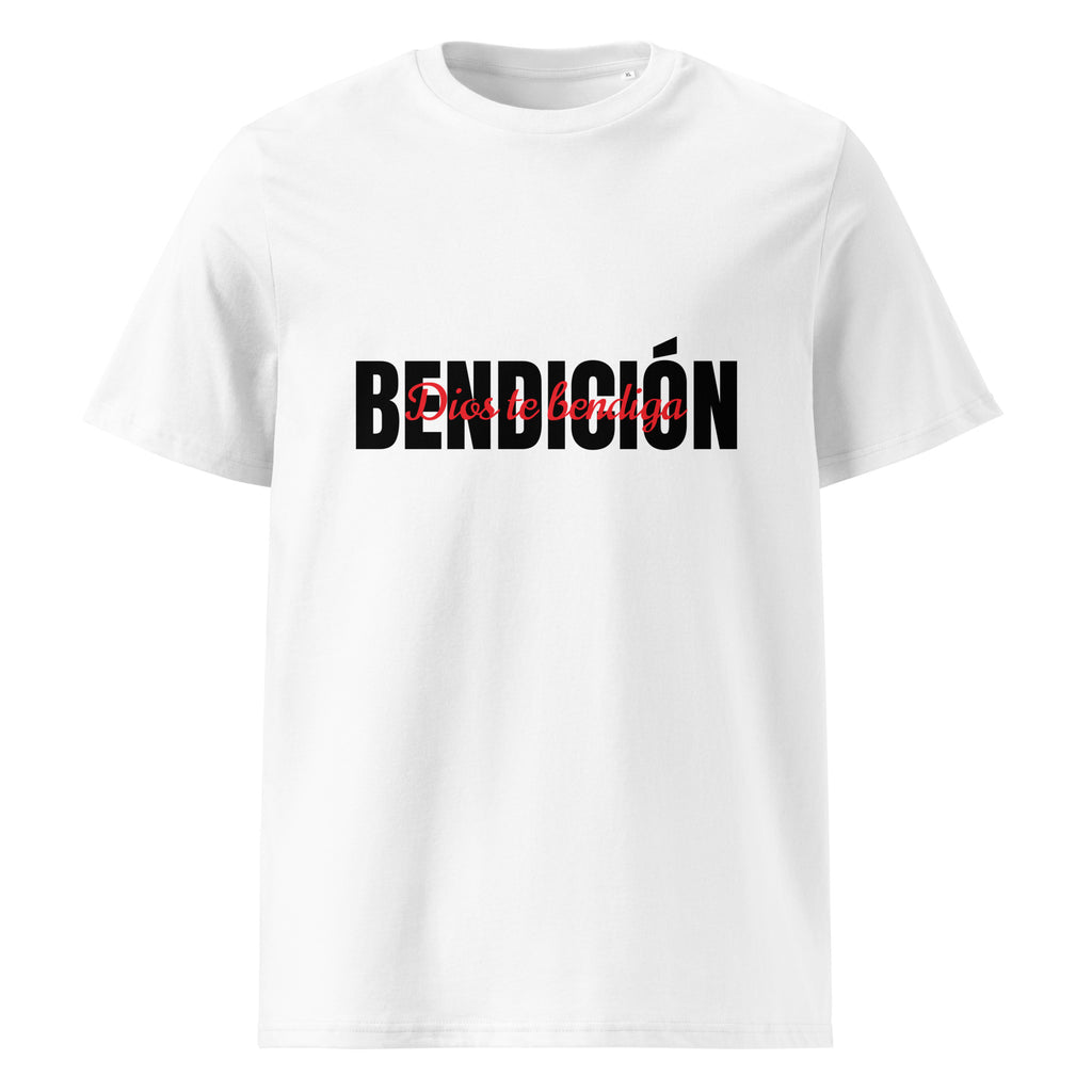 white womens bendicion tshirt displayed on a white background with bold black bendición text across the chest and smaller red script layered over the center of the design designed by iron and velvet 62