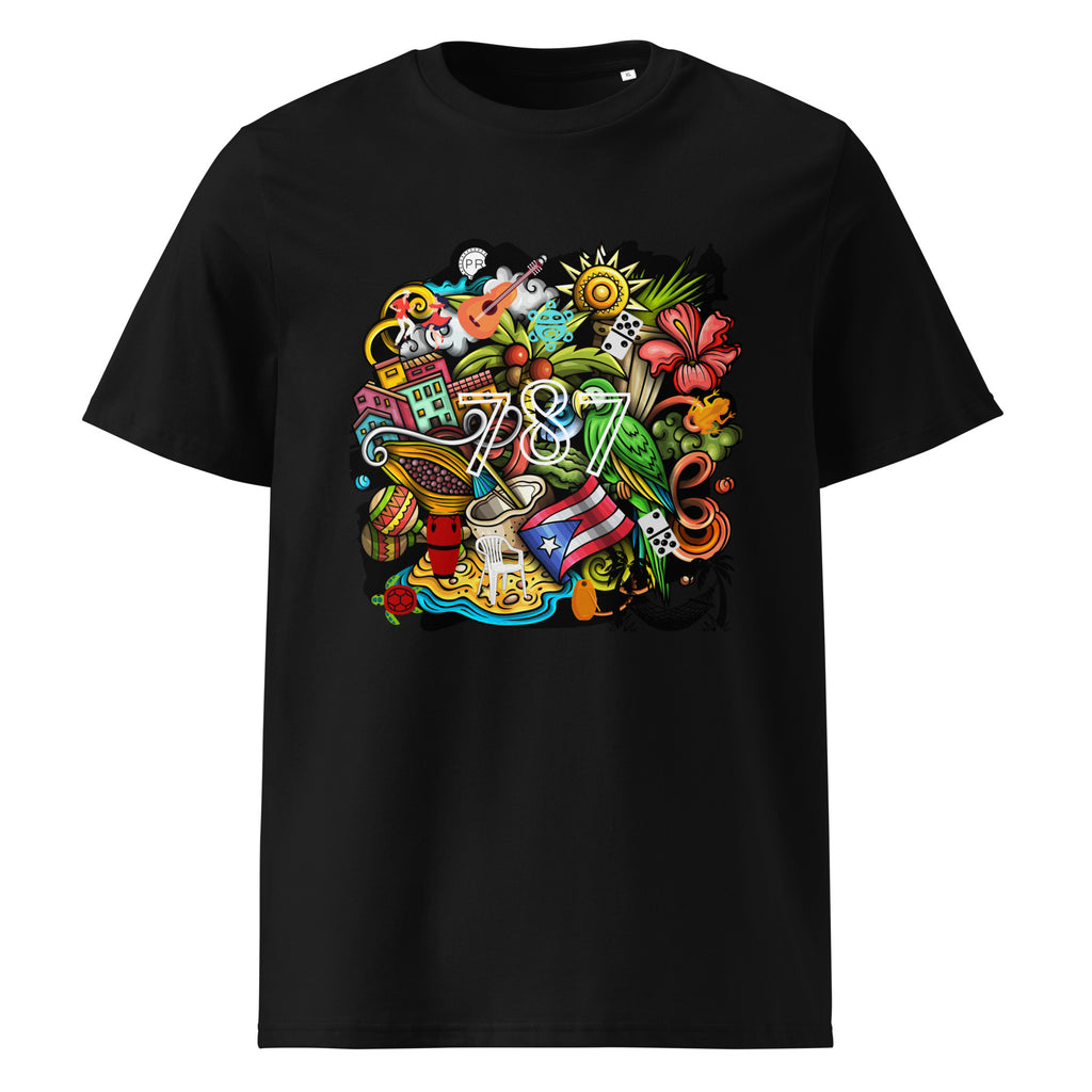 black puerto rico t-shirt displayed on a white background featuring a colorful puerto rico graphic with coquí frog, puerto rican flag, taíno sun, tropical flowers, palm leaves, and island-inspired cultural elements, bold boricua graphic design by iron and velvet 62