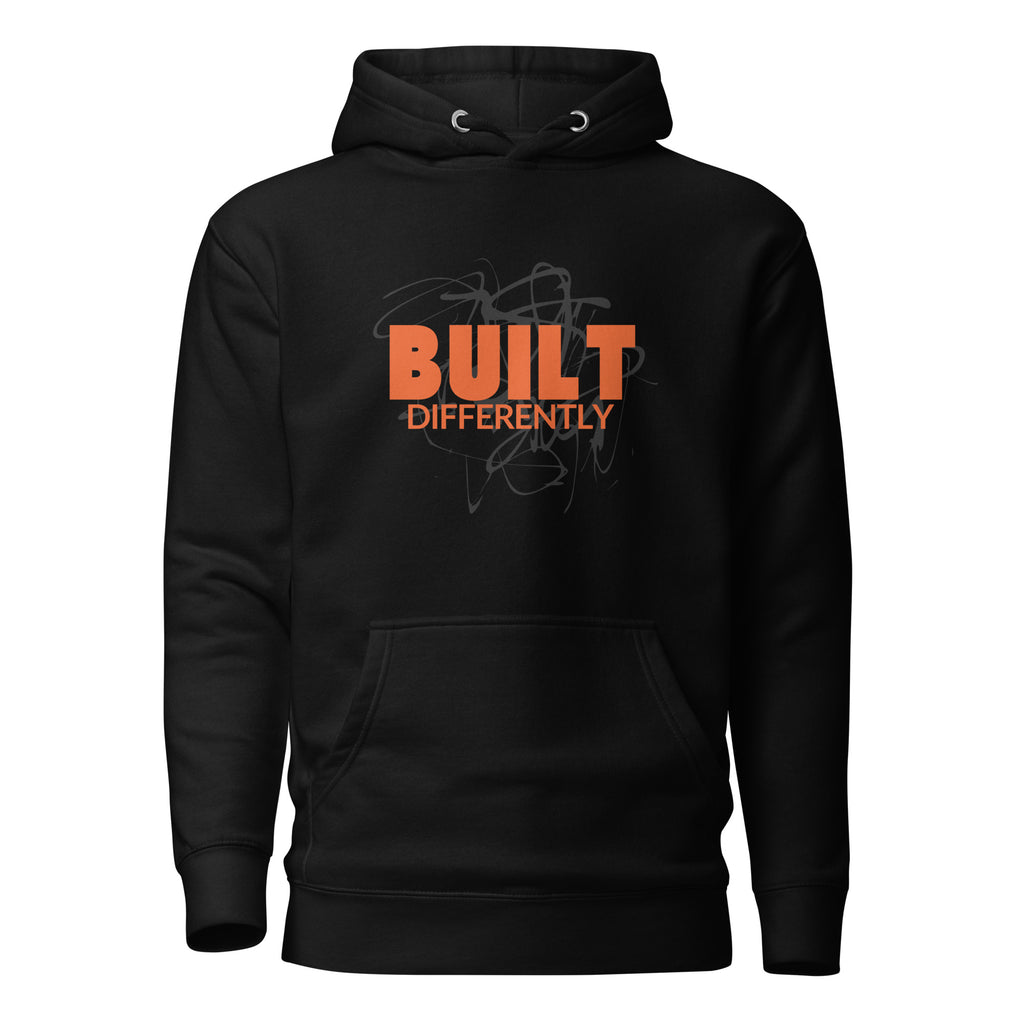 mens built differently black hoodie displayed on a white background with bold orange built differently text and abstract graphic design across the chest modern statement streetwear piece by iron and velvet 62