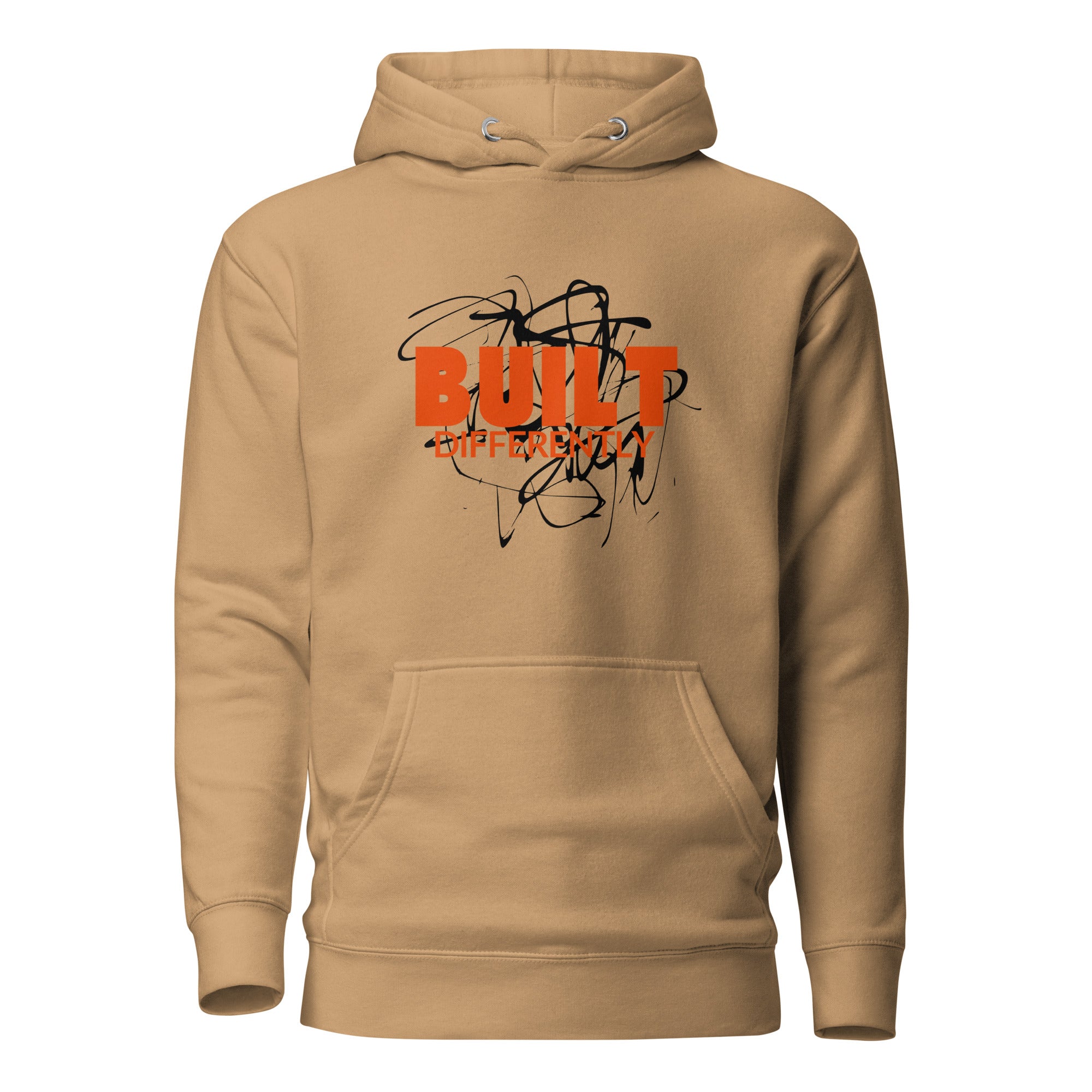 mens built differently khaki color hoodie displayed on a white background with bold orange built differently text and abstract graphic design across the chest modern statement streetwear piece by iron and velvet 62