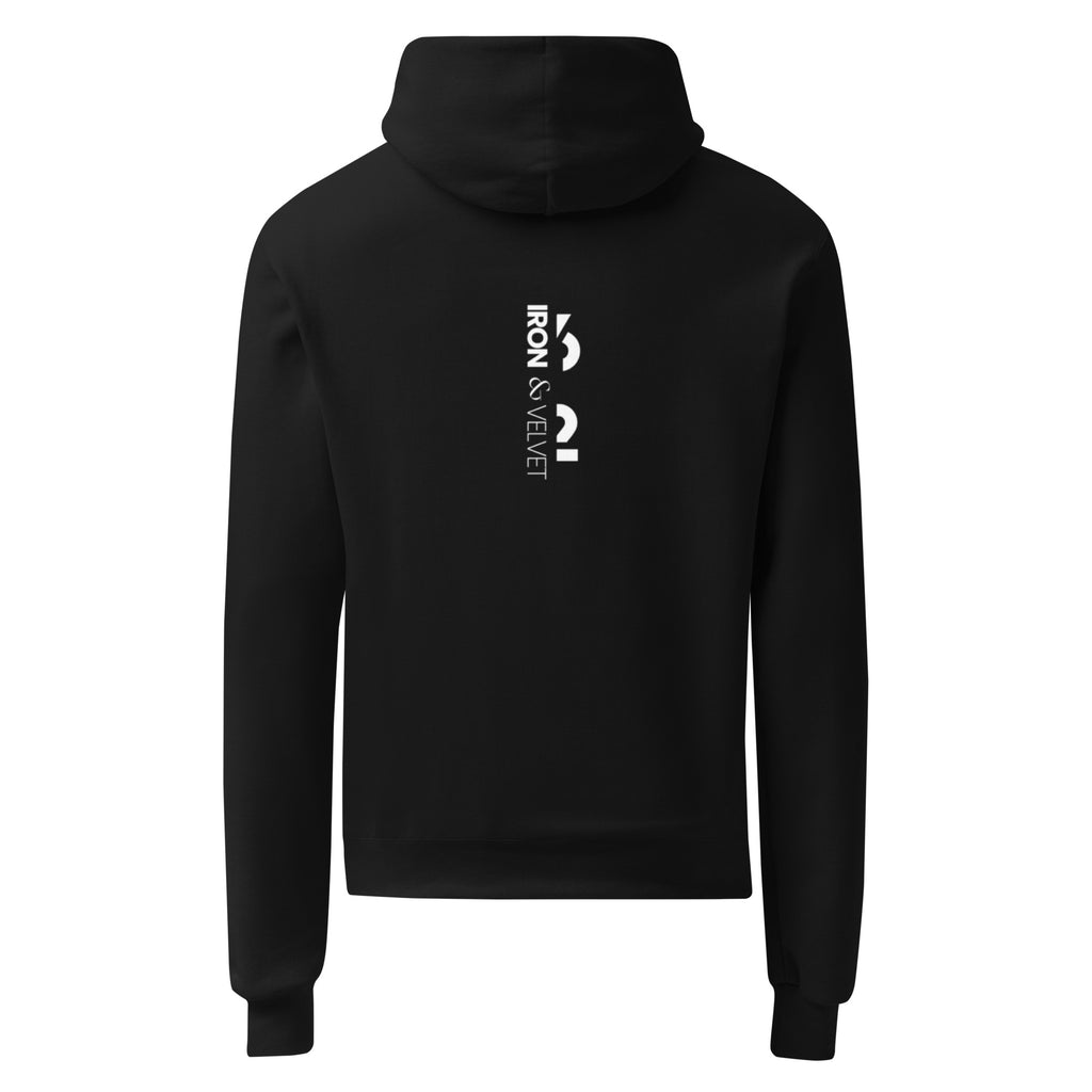 back of black peace is the new luxury  unisex hoodie displayed on a white background with white iron and velvet 62 logo in the middle of hoodie design by iron and velvet 62