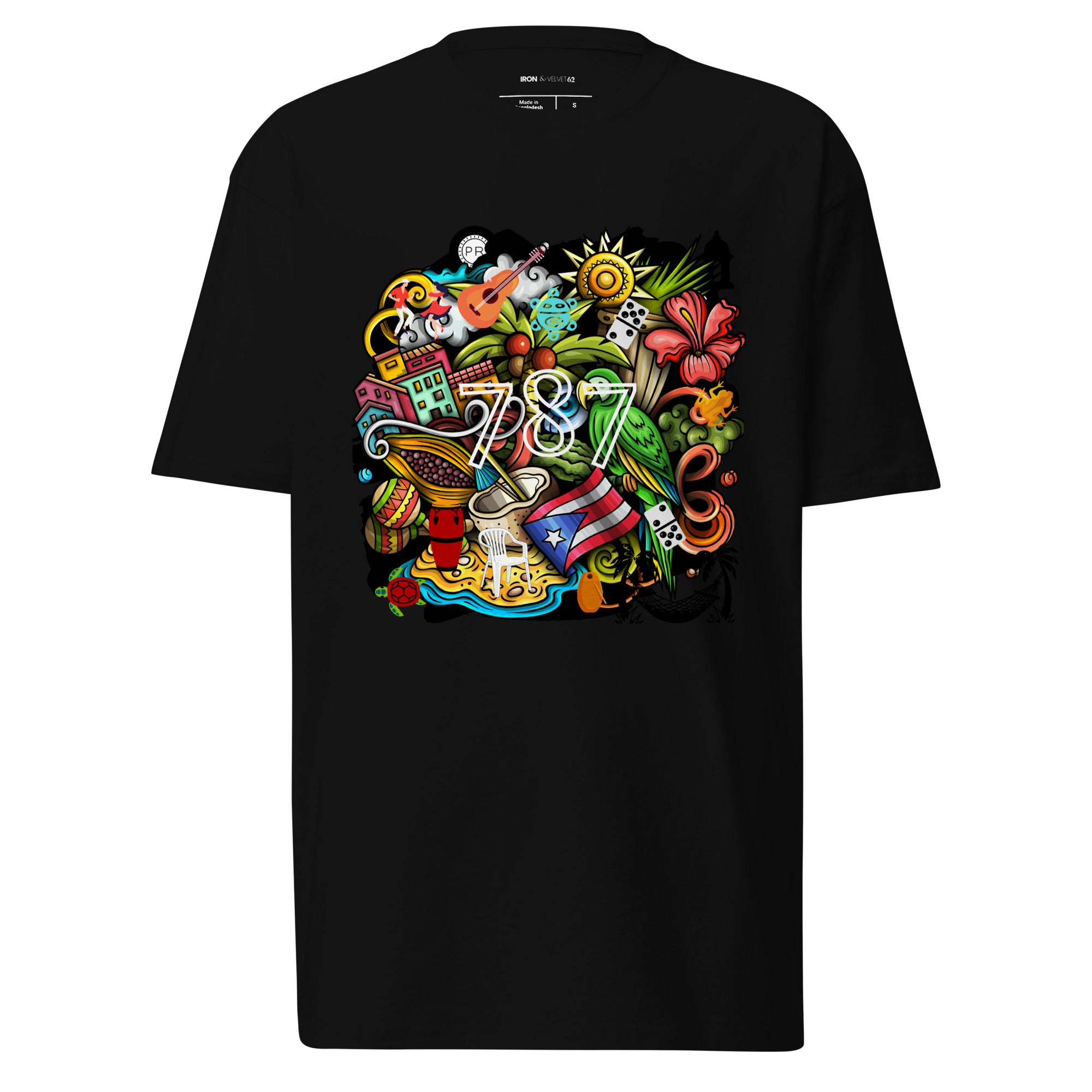 black puerto rico t-shirt displayed on a white background featuring a colorful puerto rico graphic with coquí frog, puerto rican flag, taíno sun, tropical flowers, palm leaves, and island-inspired cultural elements, bold boricua statement design by iron and velvet 62