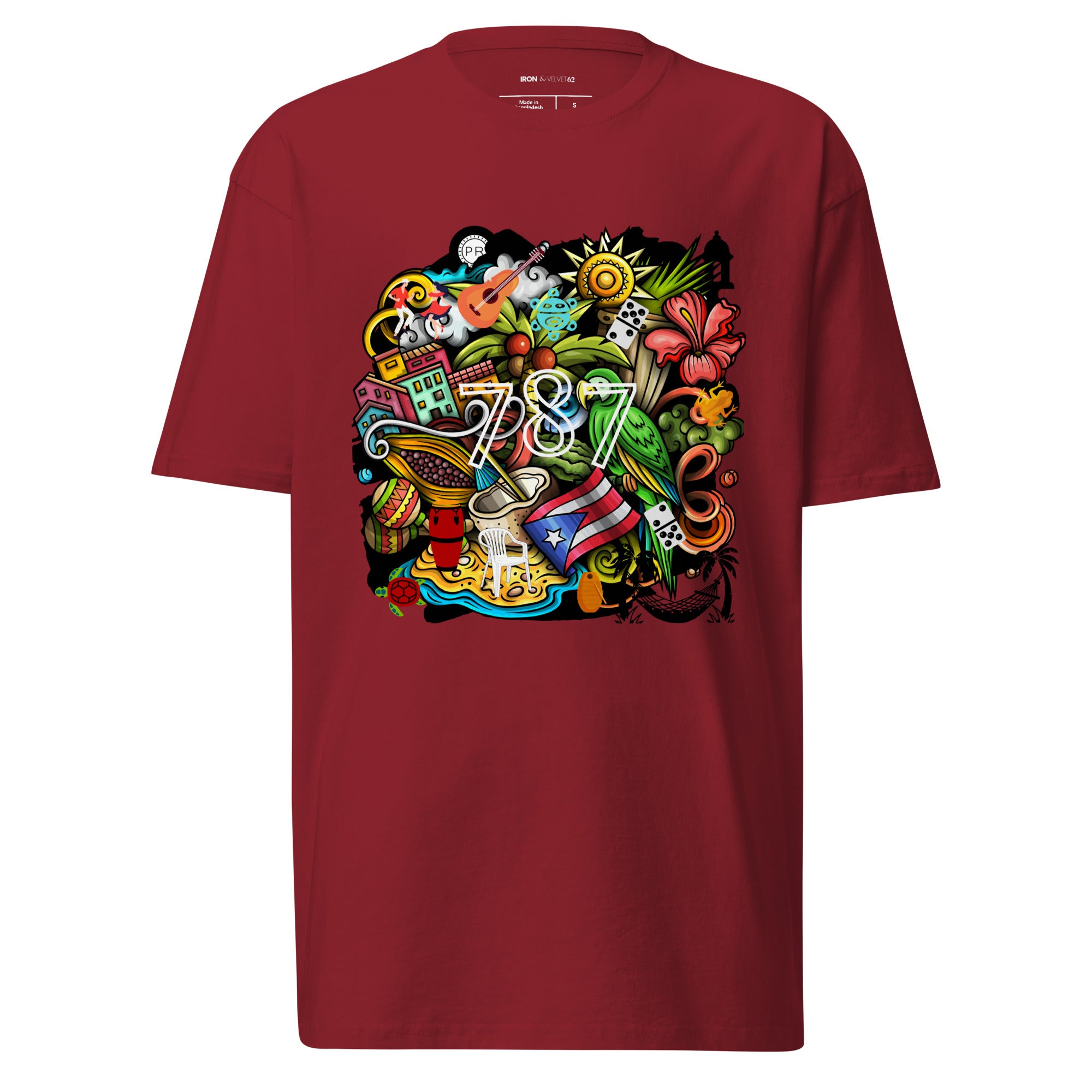 red puerto rico t-shirt displayed on a white background featuring a colorful puerto rico graphic with coquí frog, puerto rican flag, taíno sun, tropical flowers, palm leaves, and island-inspired cultural elements, bold boricua statement design by iron and velvet 62