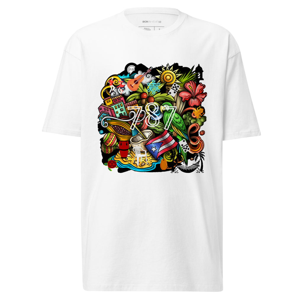 white puerto rico t-shirt displayed on a white background featuring a colorful puerto rico graphic with coquí frog, puerto rican flag, taíno sun, tropical flowers, palm leaves, and island-inspired cultural elements, bold boricua statement design by iron and velvet 62