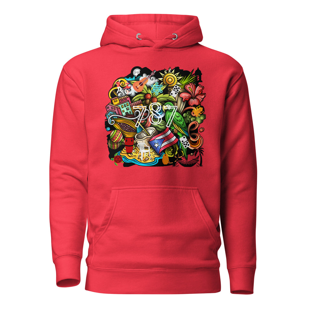 red puerto rico hoodie displayed on a white background featuring a colorful puerto rico graphic with coquí frog, puerto rican flag, taíno sun, tropical flowers, palm leaves, and island-inspired cultural elements, bold boricua statement design by iron and velvet 62