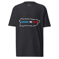 charcoal mens tshirt displayed on a white background featuring 100 by 35 text in red white and blue inside a puerto rico island outline minimal boricua statement design by iron and velvet 62