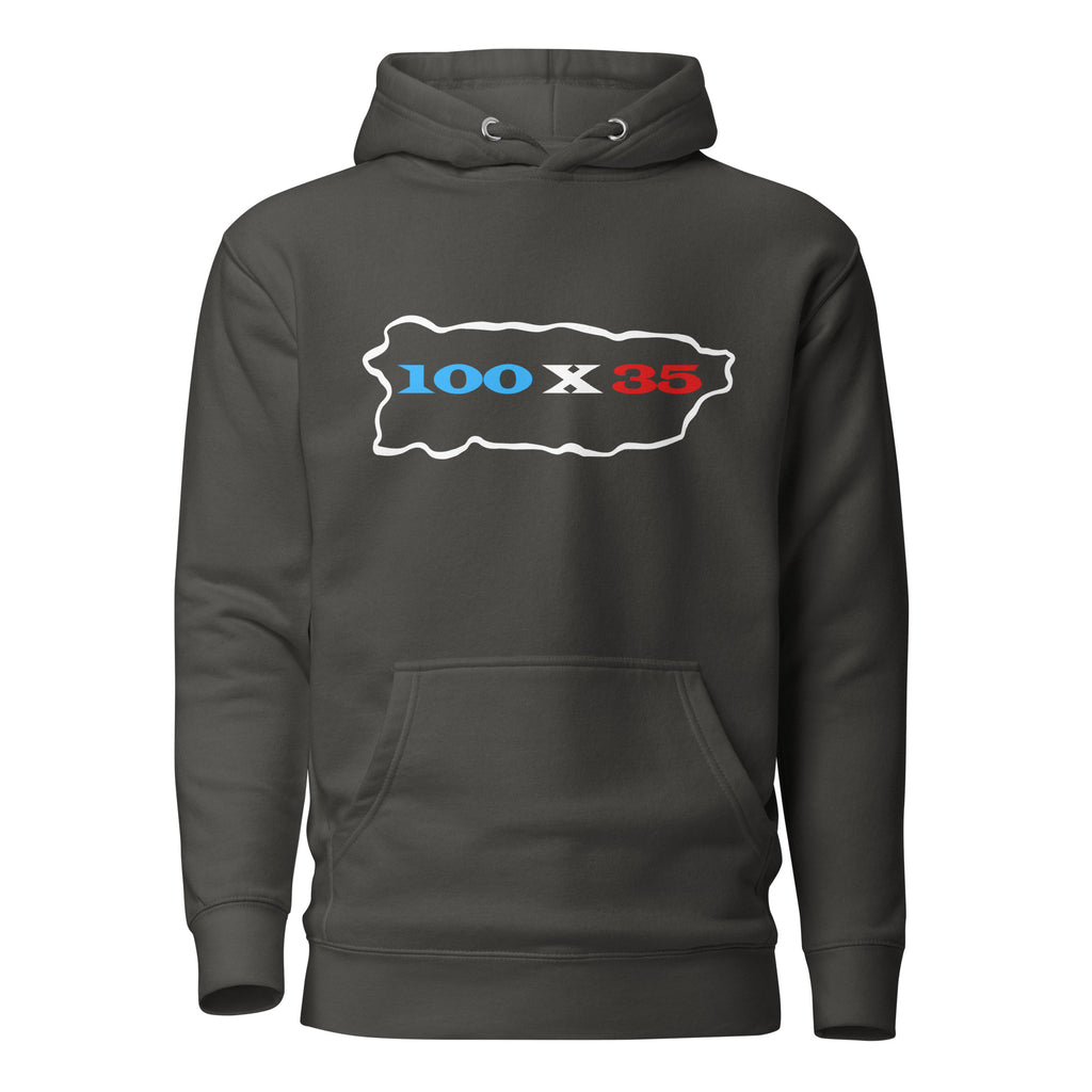 vintage black unisex hoodie displayed on a white background featuring 100 by 35 text in red white and blue inside a puerto rico island outline minimal boricua statement design by iron and velvet 62