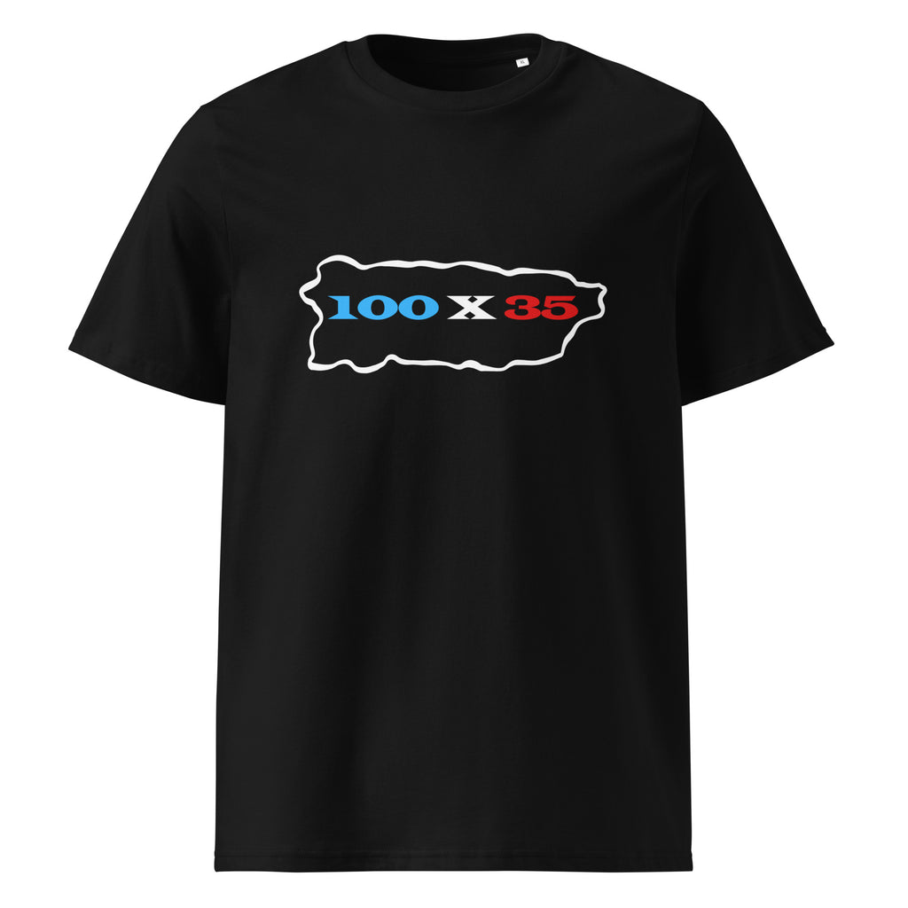 womens black t-shirt displayed on a white background featuring 100 by 35 text in red white and blue inside a puerto rico island outline minimal boricua statement design by iron and velvet 62