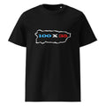 womens black t-shirt displayed on a white background featuring 100 by 35 text in red white and blue inside a puerto rico island outline minimal boricua statement design by iron and velvet 62
