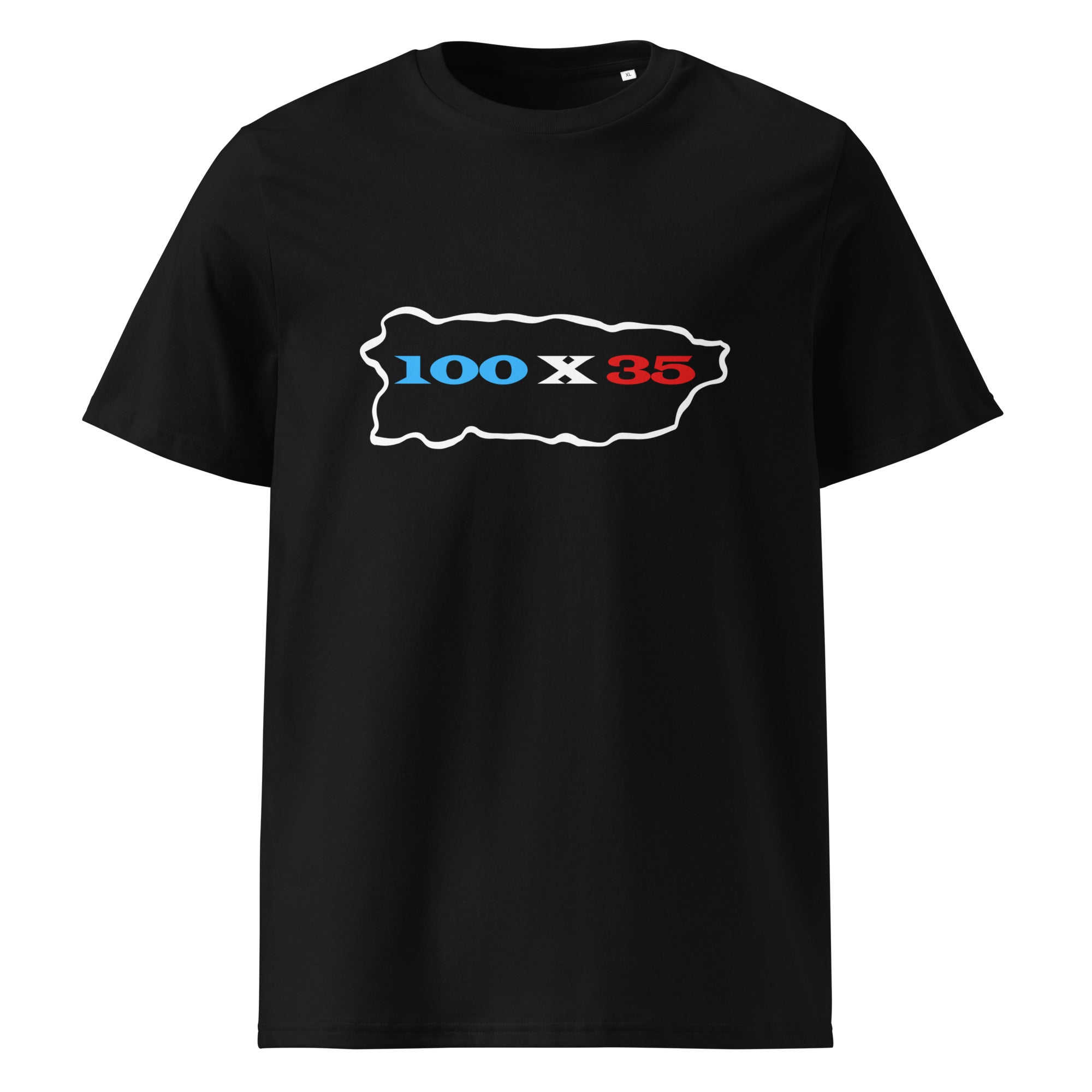 womens black t-shirt displayed on a white background featuring 100 by 35 text in red white and blue inside a puerto rico island outline minimal boricua statement design by iron and velvet 62