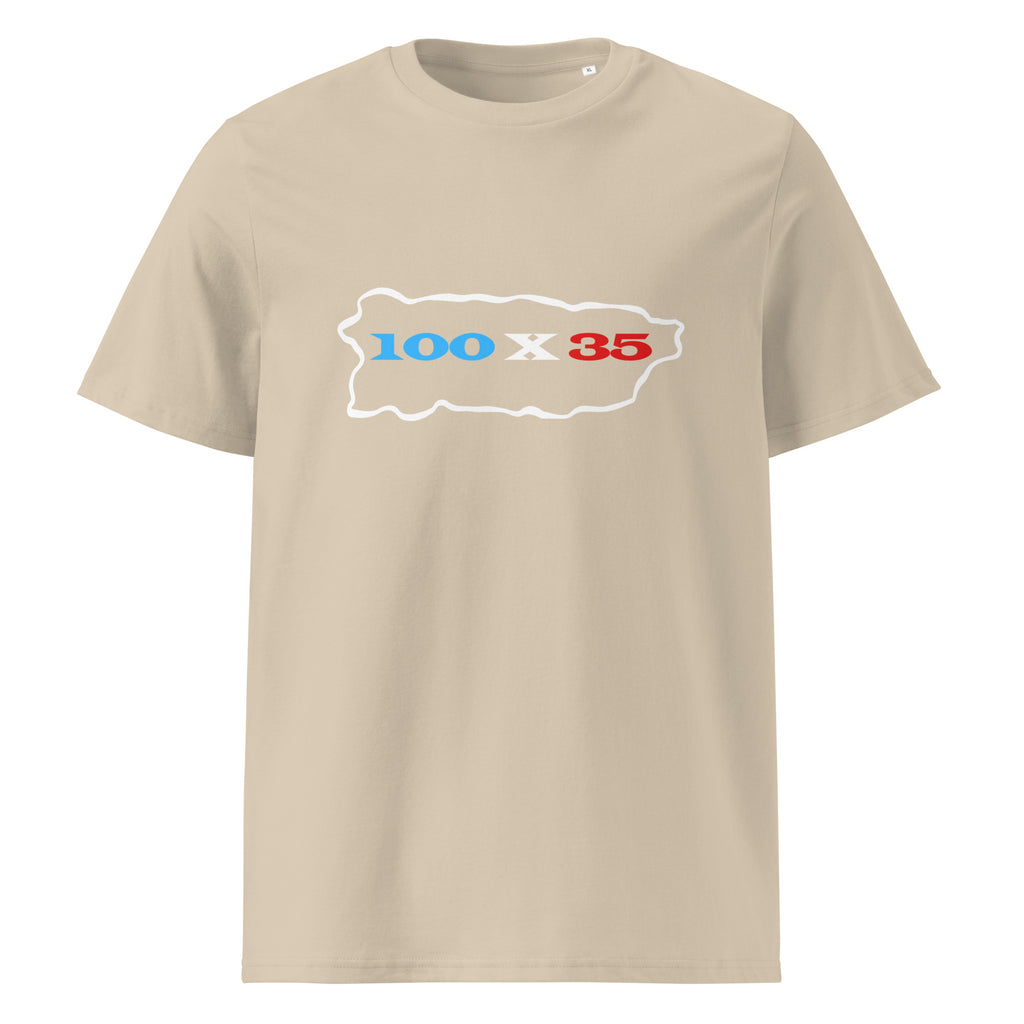 womens desert dust color tshirt displayed on a white background featuring 100 by 35 text in red white and blue inside a puerto rico island outline minimal boricua statement design by iron and velvet 62