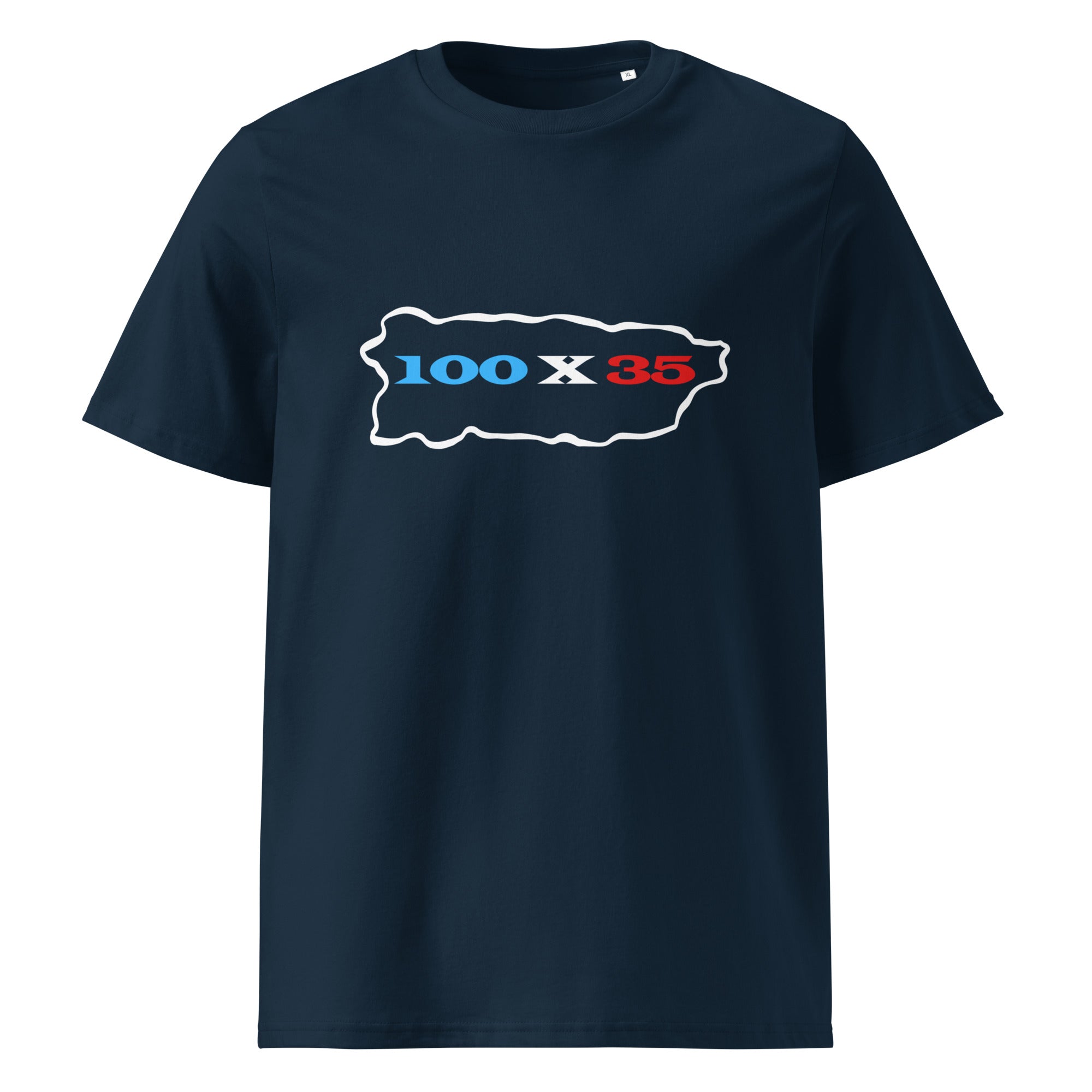 womens navy tshirt displayed on a white background featuring 100 by 35 text in red white and blue inside a puerto rico island outline minimal boricua statement design by iron and velvet 62