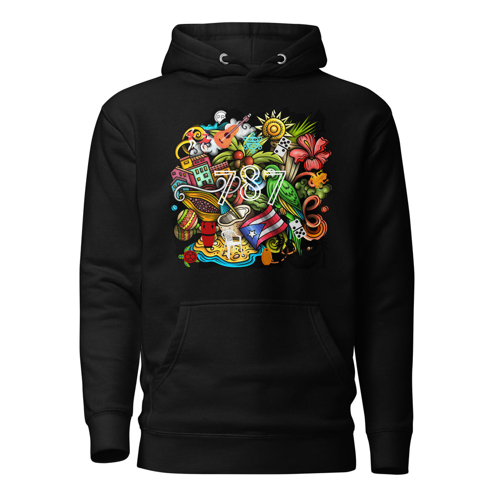 black puerto rico hoodie displayed on a white background featuring a colorful puerto rico graphic with coquí frog, puerto rican flag, taíno sun, tropical flowers, palm leaves, and island-inspired cultural elements, bold boricua statement design by iron and velvet 62