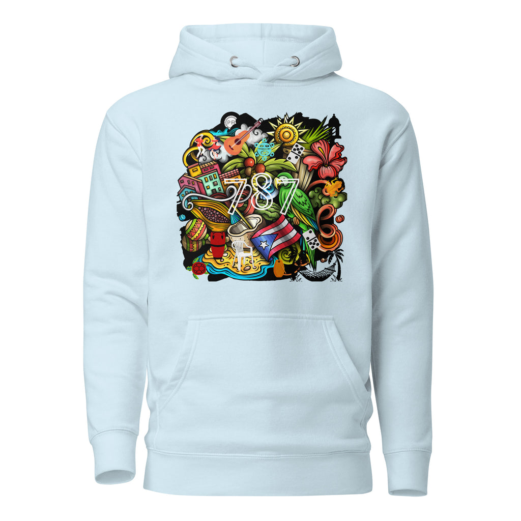 blue puerto rico hoodie displayed on a white background featuring a colorful puerto rico graphic with coquí frog, puerto rican flag, taíno sun, tropical flowers, palm leaves, and island-inspired cultural elements, bold boricua statement design by iron and velvet 62