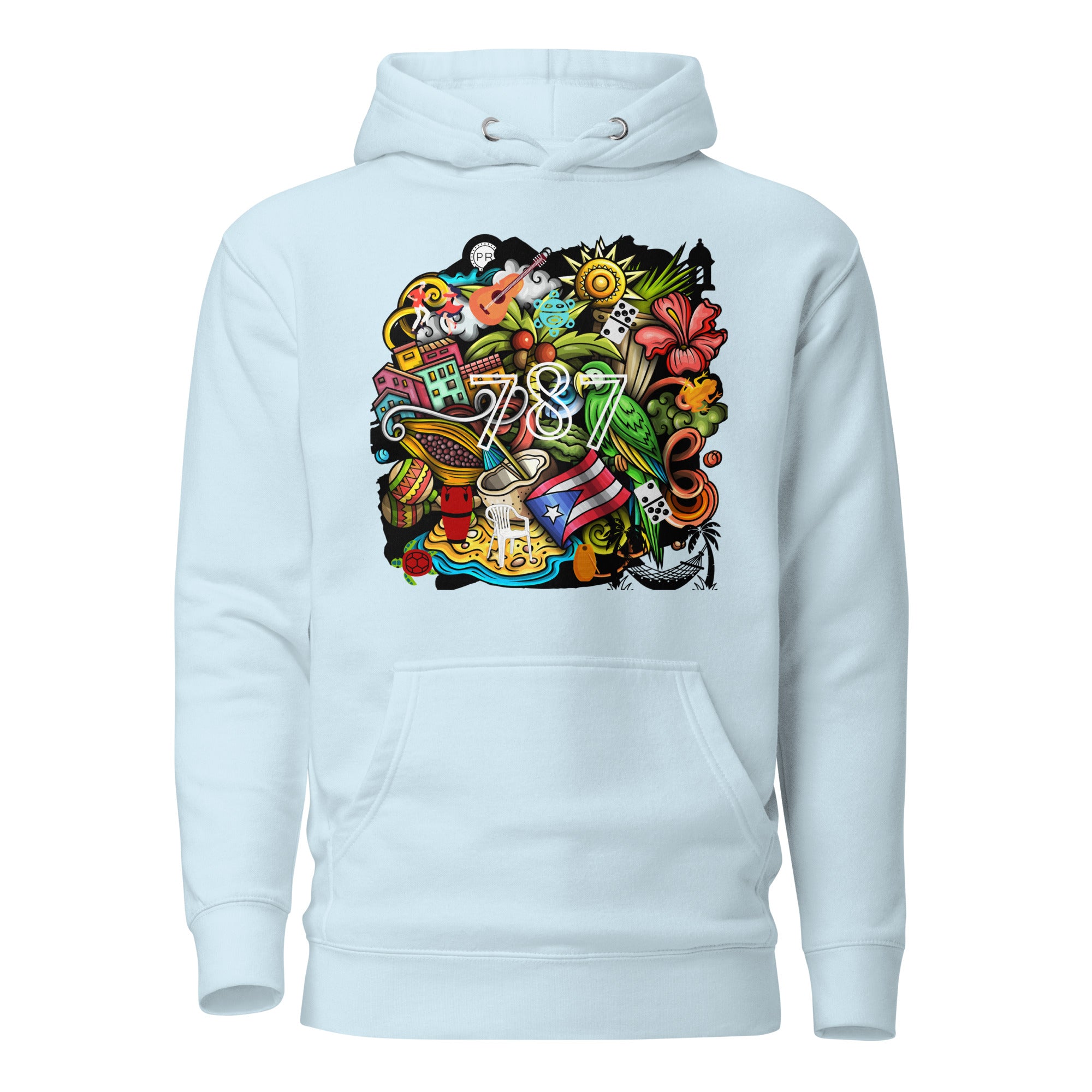 blue puerto rico hoodie displayed on a white background featuring a colorful puerto rico graphic with coquí frog, puerto rican flag, taíno sun, tropical flowers, palm leaves, and island-inspired cultural elements, bold boricua statement design by iron and velvet 62