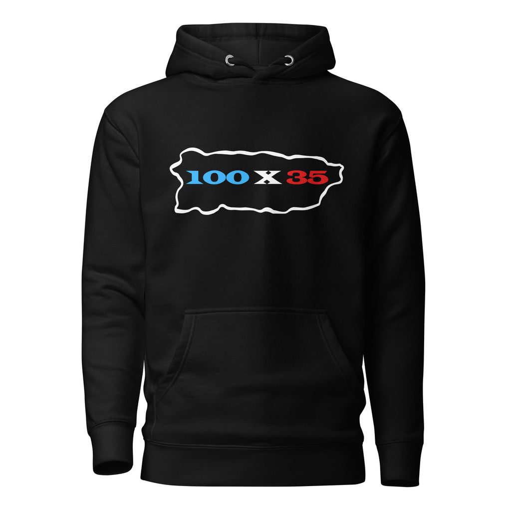 black unisex hoodie displayed on a white background featuring 100 by 35 text in red white and blue inside a puerto rico island outline minimal boricua statement design by iron and velvet 62