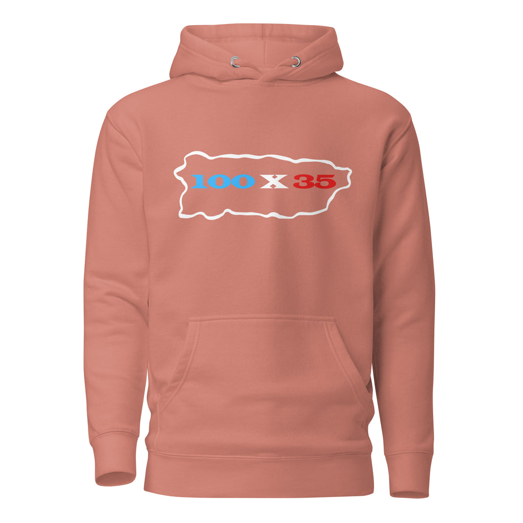 pink unisex hoodie displayed on a white background featuring 100 by 35 text in red white and blue inside a puerto rico island outline minimal boricua statement design by iron and velvet 62