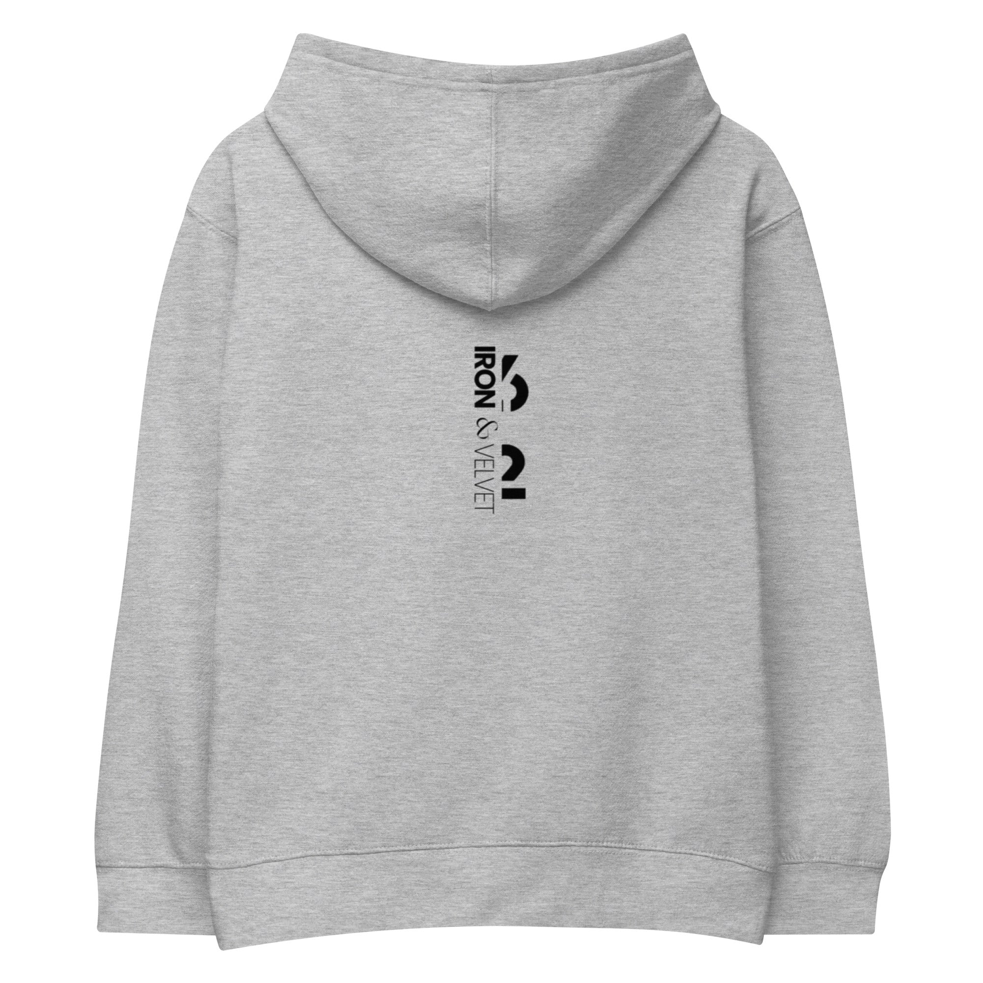 back of gray raices kids hoodie displayed on a white background with iron and velvet 62 logo in the middle designed by iron and velvet 62