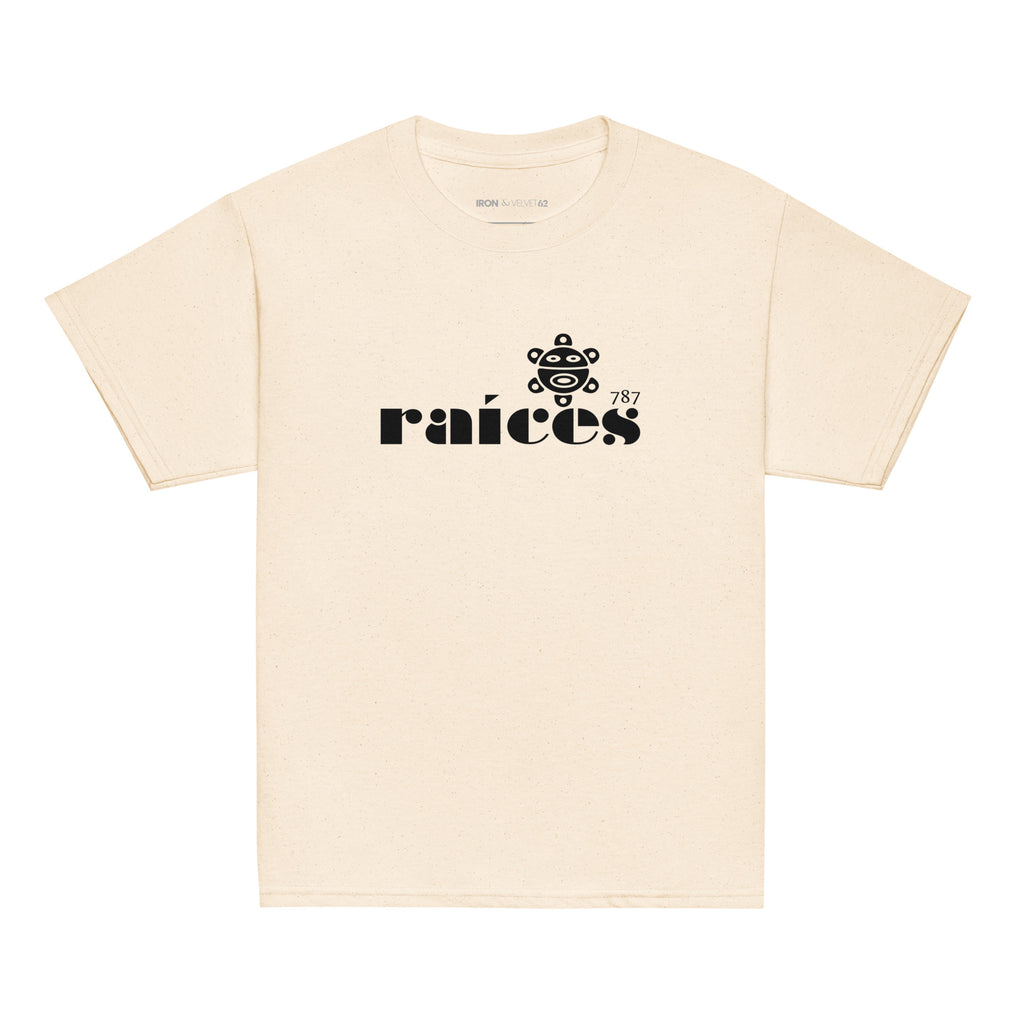 beige raices kids tshirt displayed on a white background with bold black raíces text across the chest  taíno sun and 787 detail, puerto rican cultural design by iron and velvet 62