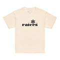 beige raices kids tshirt displayed on a white background with bold black raíces text across the chest  taíno sun and 787 detail, puerto rican cultural design by iron and velvet 62